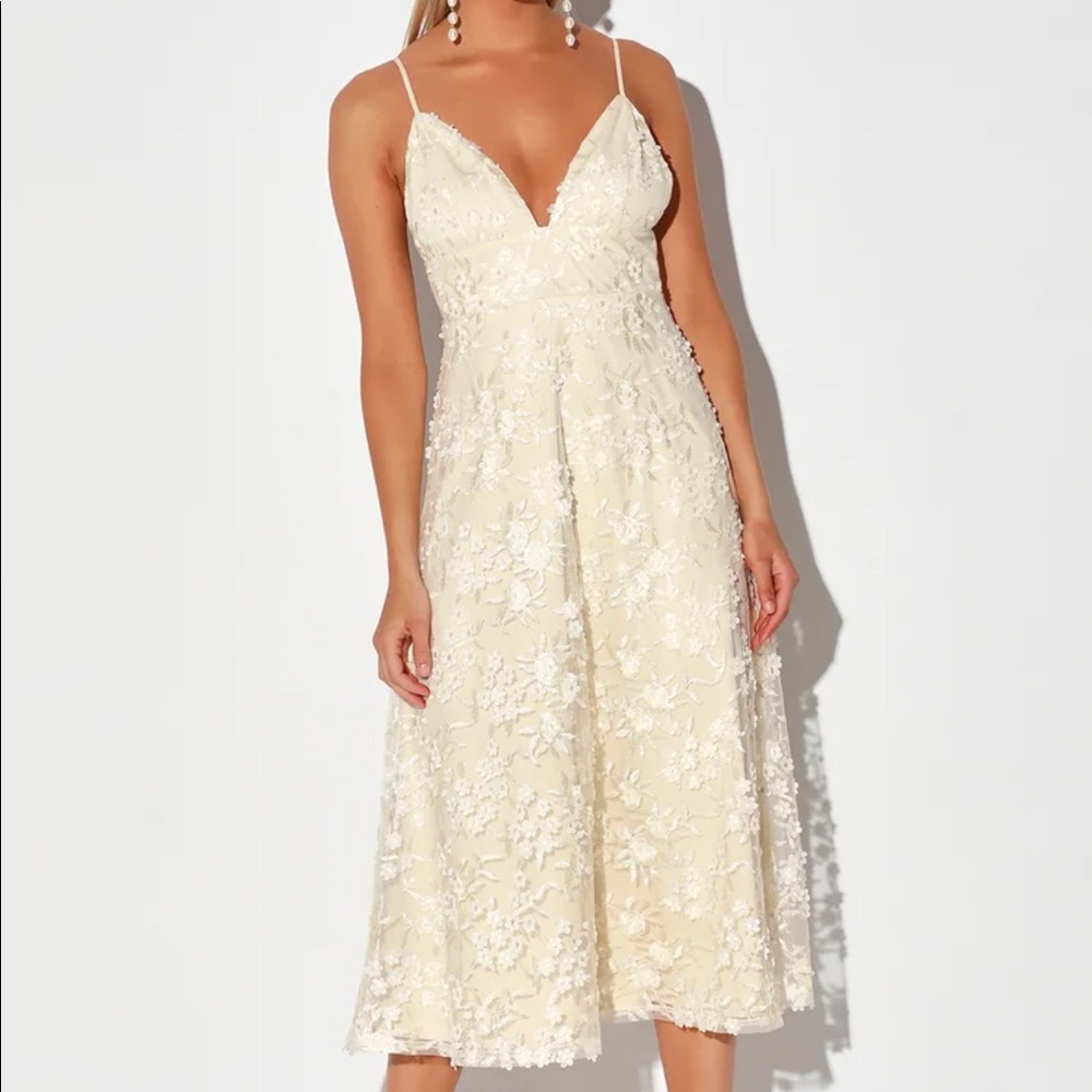 Lulu’s Flourishing Kiss Cream Floral Embroidered Floral Lace Midi Dress